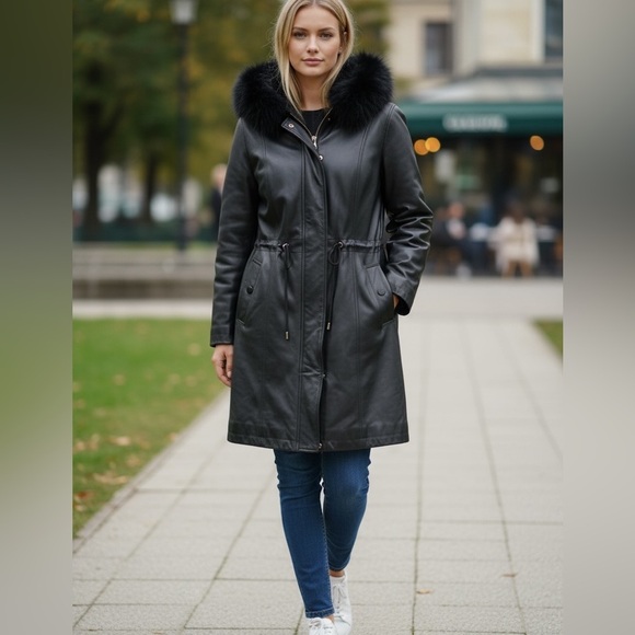 Worthington Jackets & Blazers - Worthington Lambskin Leather Coat Fur Lined Hood Drawstring Waist Size M